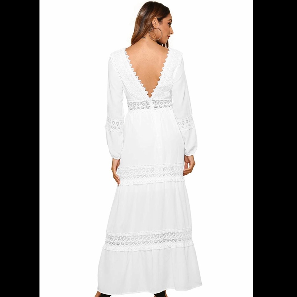 Women’s White V neck Lace Long Dress NWT - Picture 5 of 6